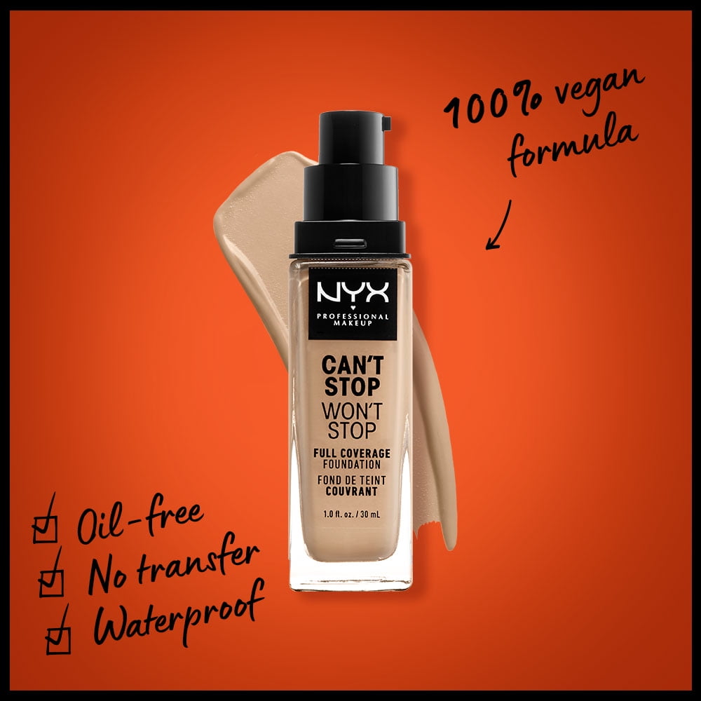 NYX Professional Makeup Can't Stop Won't Stop 24hr Full Coverage Liquid Foundation, Matte Finish, Waterproof, Buff, 1 fl oz