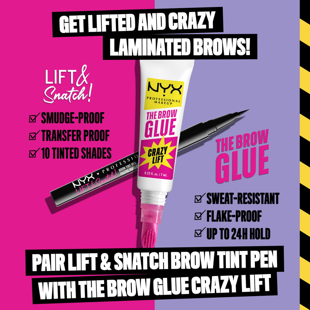 NYX Professional Makeup The Brow Glue Crazy Lift, Shaping Flake-Proof Eyebrow Gel, 24 Hour Hold, Clear, 0.23 fl oz