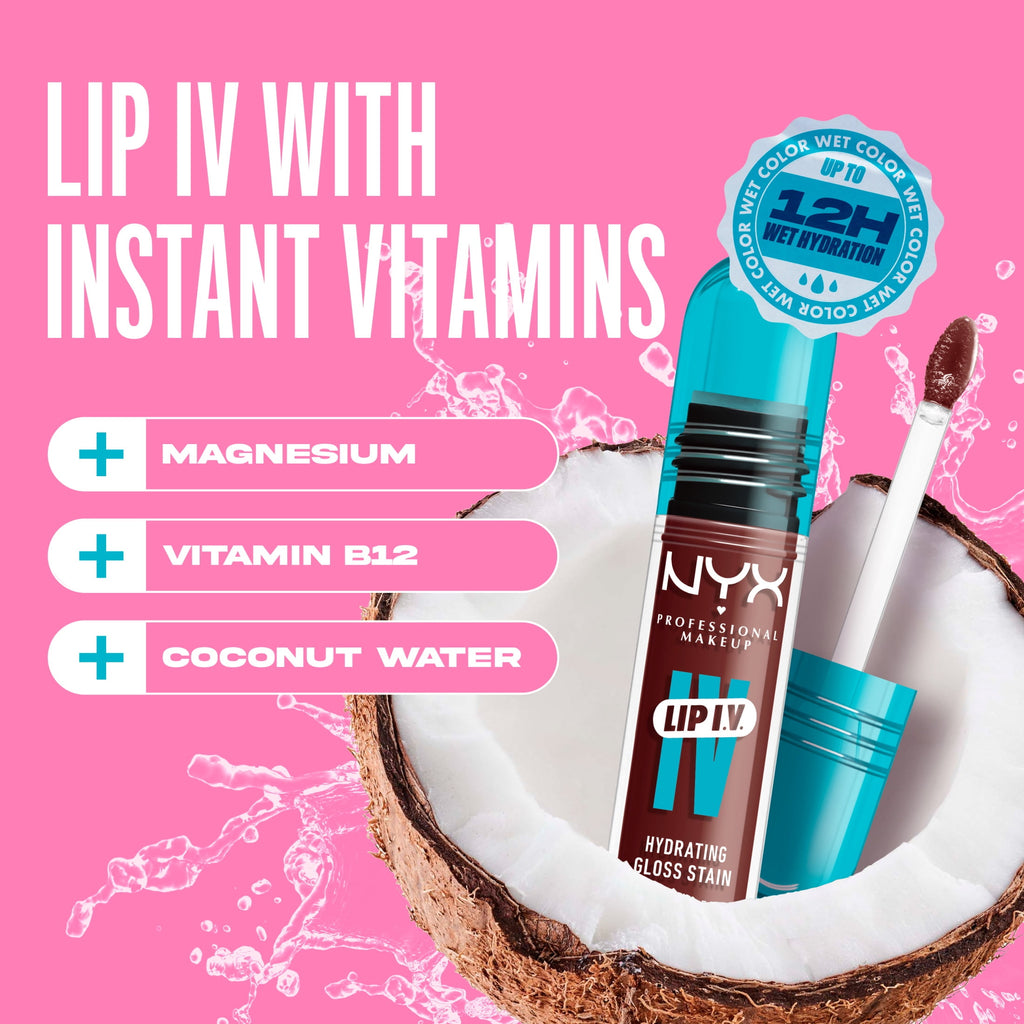 NYX Professional Makeup Lip IV Hydrating Lip Gloss & Lip Stain with Coconut Water, Mocha Me We, 0.16 fl oz