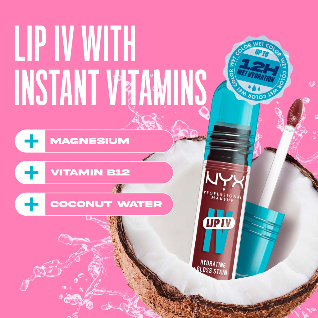 NYX Professional Makeup Lip IV Hydrating Lip Gloss & Lip Stain with Coconut Water, Drippin in Rose, 0.16 fl oz