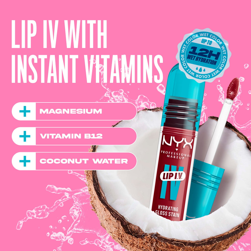 NYX Professional Makeup Lip IV Hydrating Lip Gloss & Lip Stain with Coconut Water, Blush Rush, 0.16 fl oz